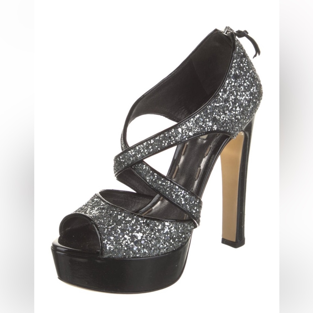 MIU MIU Silver Glitter Black Patent Leather Platform Open Toe Heels 9.5 Like New